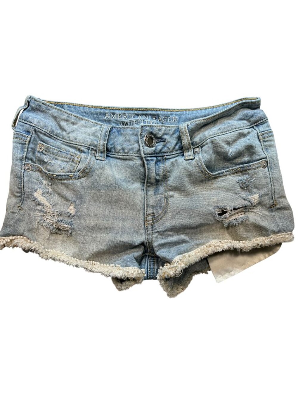 American Eagle Women's Distressed Jean Shorts Stretch Denim Sz 4 Blue Light Wash